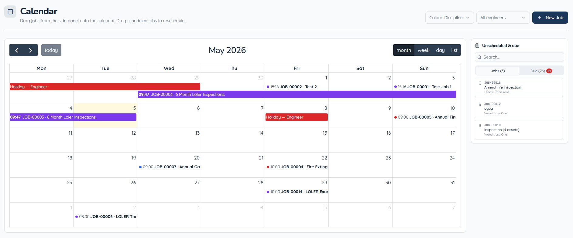 CertFlow calendar view with scheduled jobs, holidays and an unscheduled work side panel