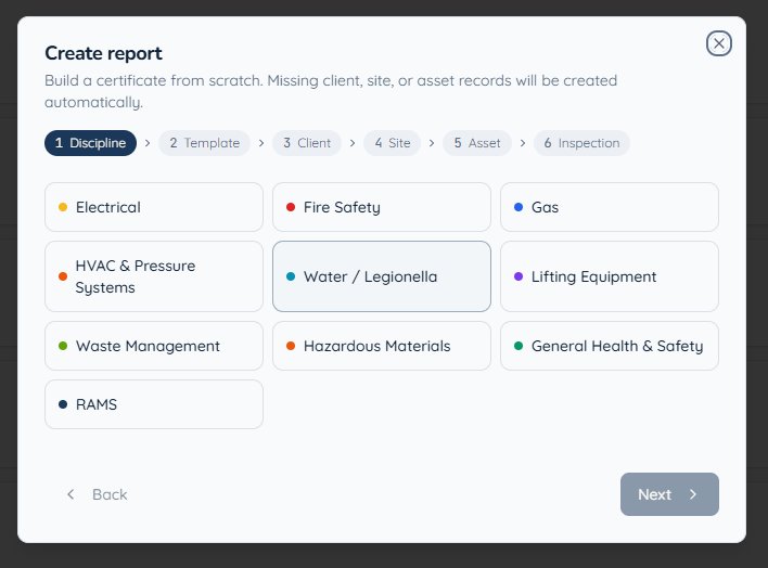 CertFlow create report wizard showing all nine disciplines including Electrical, Fire Safety, Gas, HVAC, Water, Lifting, Waste, Hazmat, H&S and RAMS