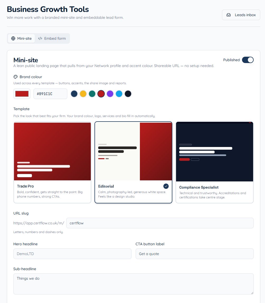 Branded mini-site builder with embeddable lead form