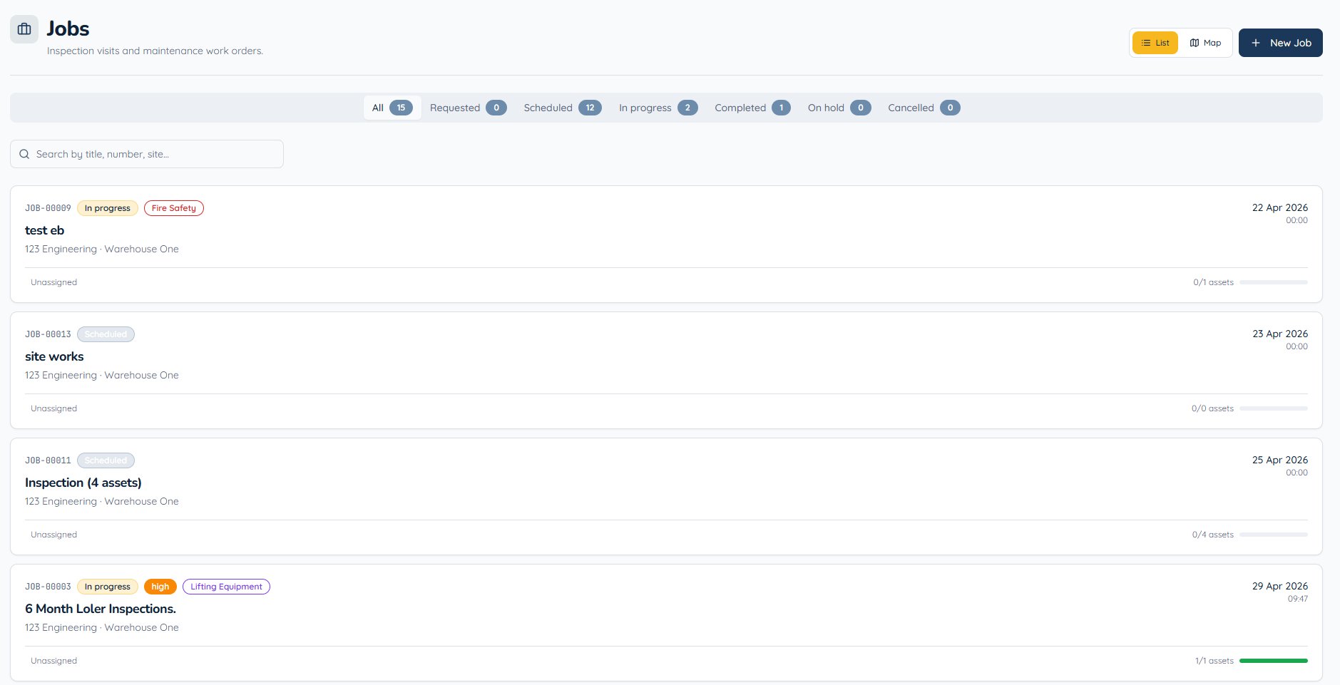 CertFlow jobs board with status filters and assigned engineers