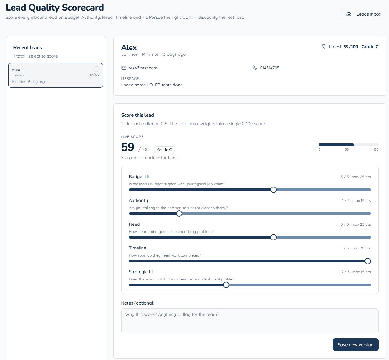 Lead Quality Scorecard with BANT scoring