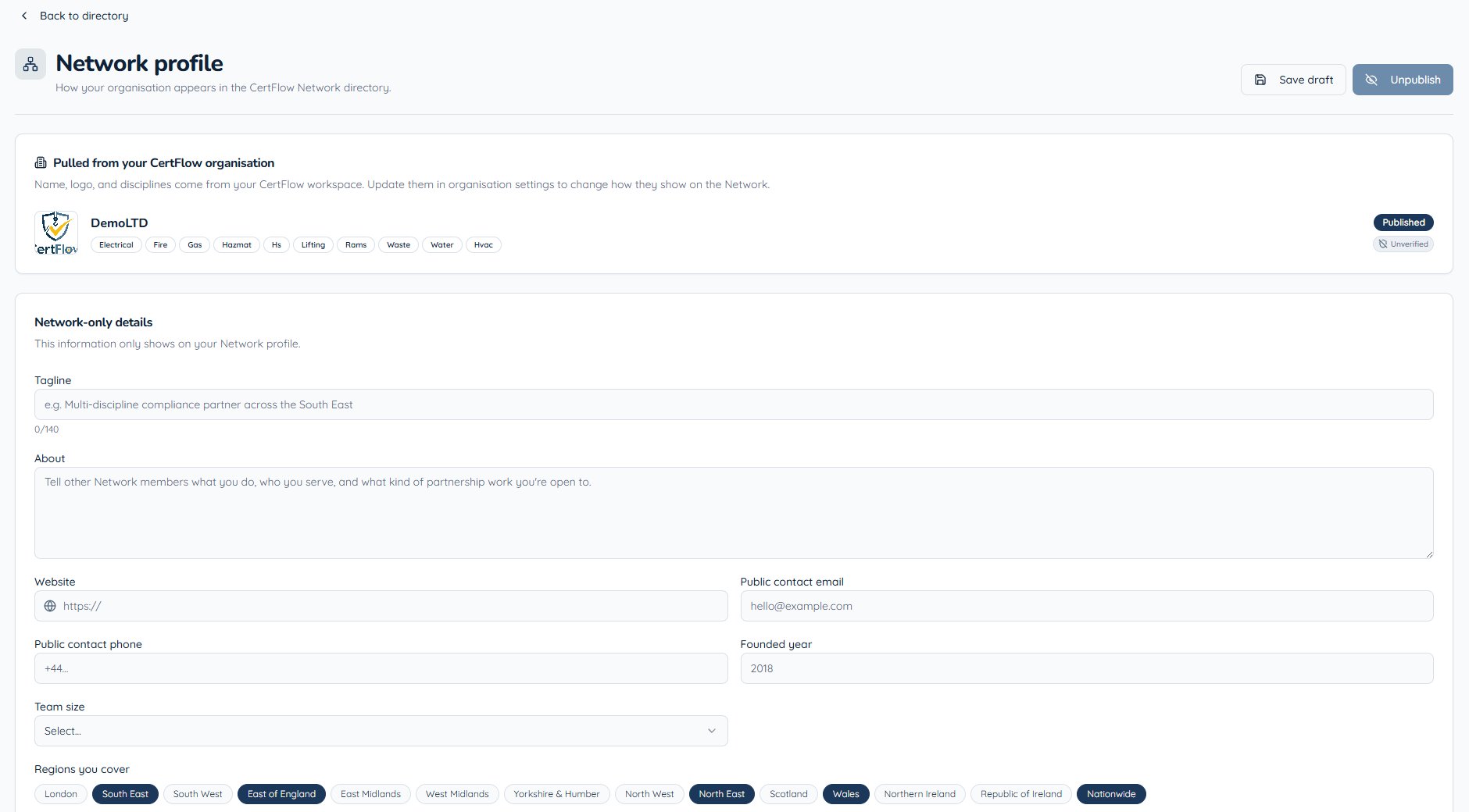 CertFlow Network organisation profile with discipline and region tags