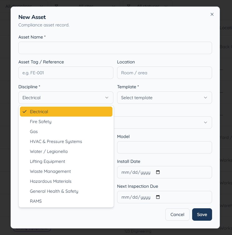 CertFlow new asset form with discipline selection across all nine compliance areas