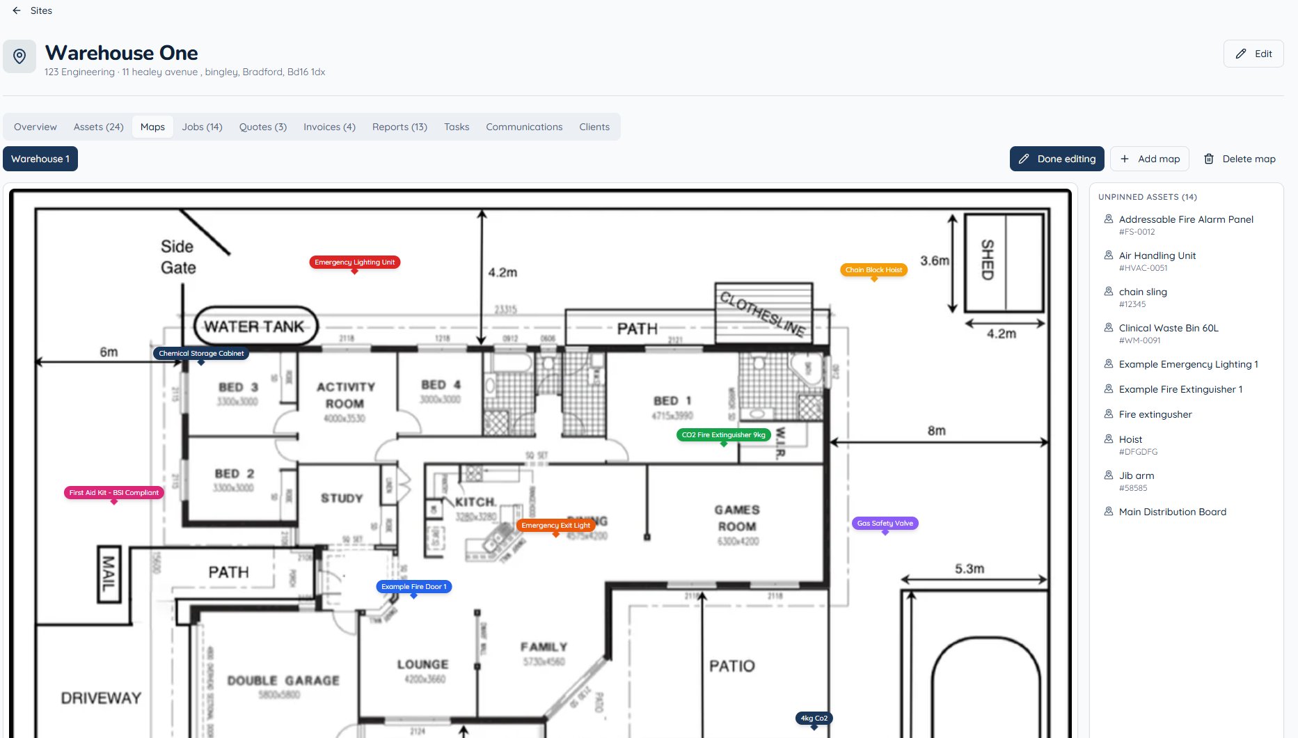 CertFlow site map with multi-discipline asset pins on a warehouse floor plan