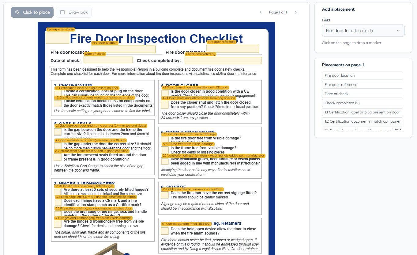 CertFlow bespoke template builder with PDF field placement on a fire door inspection checklist